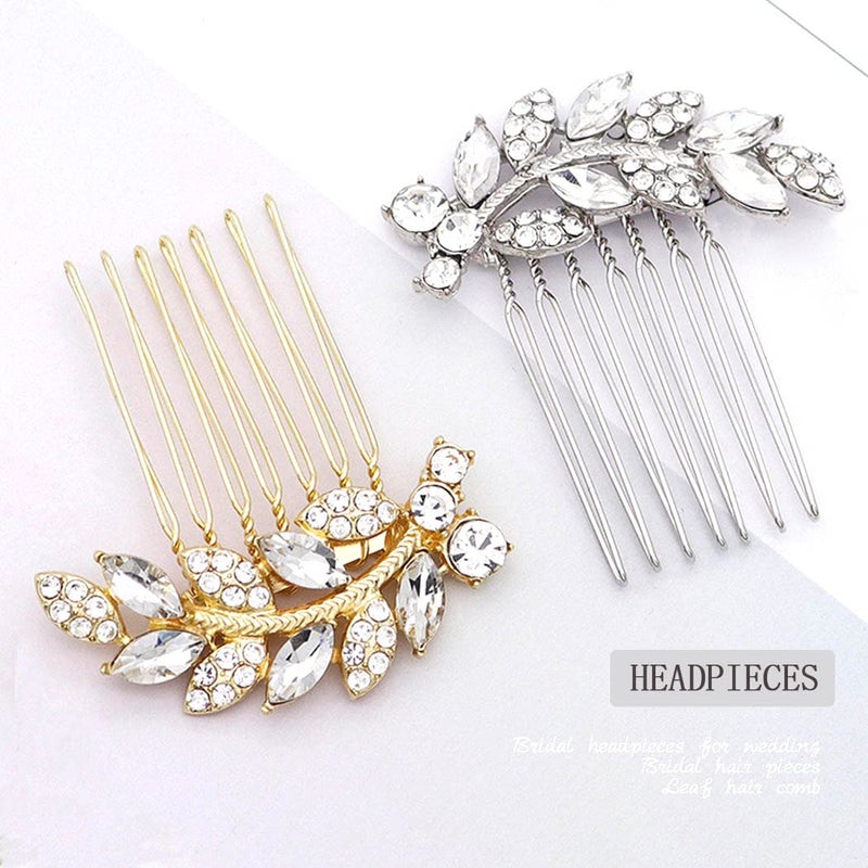 Foyte Crystal Bride Wedding Hair Comb Leaf Bridal Headpieces Rhinestone Hair Pieces Bridesmaid Side Combs Hair Accessories for Women (gold leaf) - Image 2